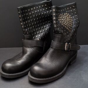 Simona Barbieri Twin-Set Women's Black Leather Studded Biker Boots Size 37.